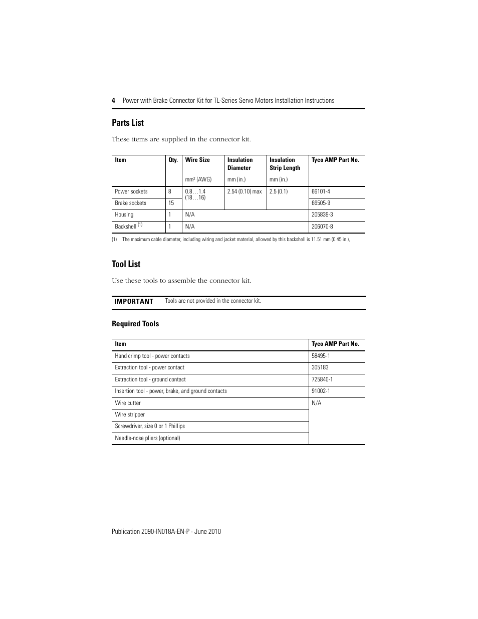 Parts list, Tool list, Parts list on | Rockwell Automation 2090-KFBM6-16AA Power with Brake Connector Kit for TL-Series Servo Motors User Manual | Page 4 / 8