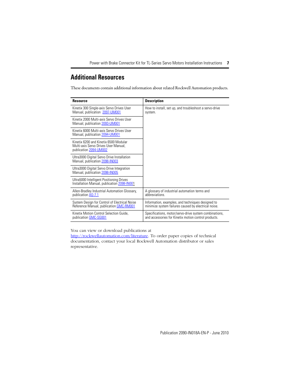 Additional resources | Rockwell Automation 2090-KFBM6-16AA Power with Brake Connector Kit for TL-Series Servo Motors User Manual | Page 7 / 8