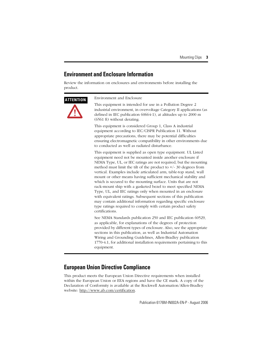 Environment and enclosure information, European union directive compliance | Rockwell Automation 6189V-MCLPS2 Mounting Clips User Manual | Page 3 / 8