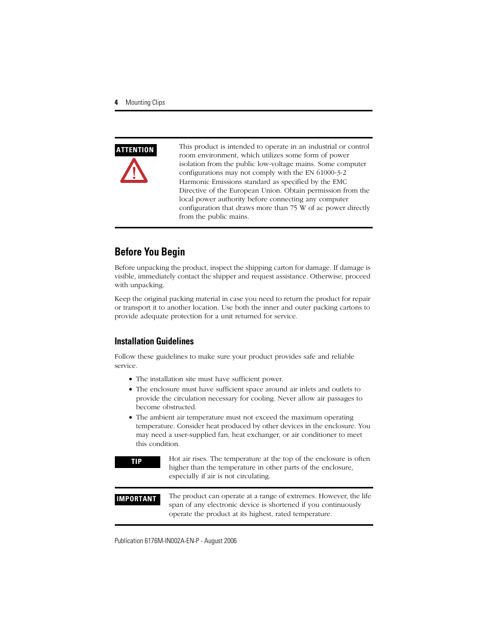 Before you begin, Installation guidelines | Rockwell Automation 6189V-MCLPS2 Mounting Clips User Manual | Page 4 / 8
