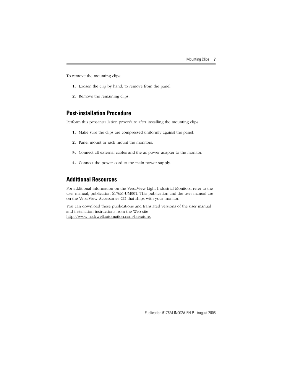 Post-installation procedure, Additional resources | Rockwell Automation 6189V-MCLPS2 Mounting Clips User Manual | Page 7 / 8