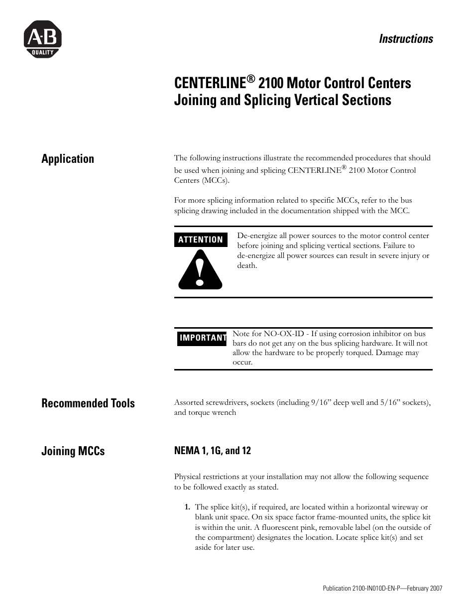 Rockwell Automation 2100 CENTERLINE MCC Joining Splicing Vertical Sections User Manual | 16 pages