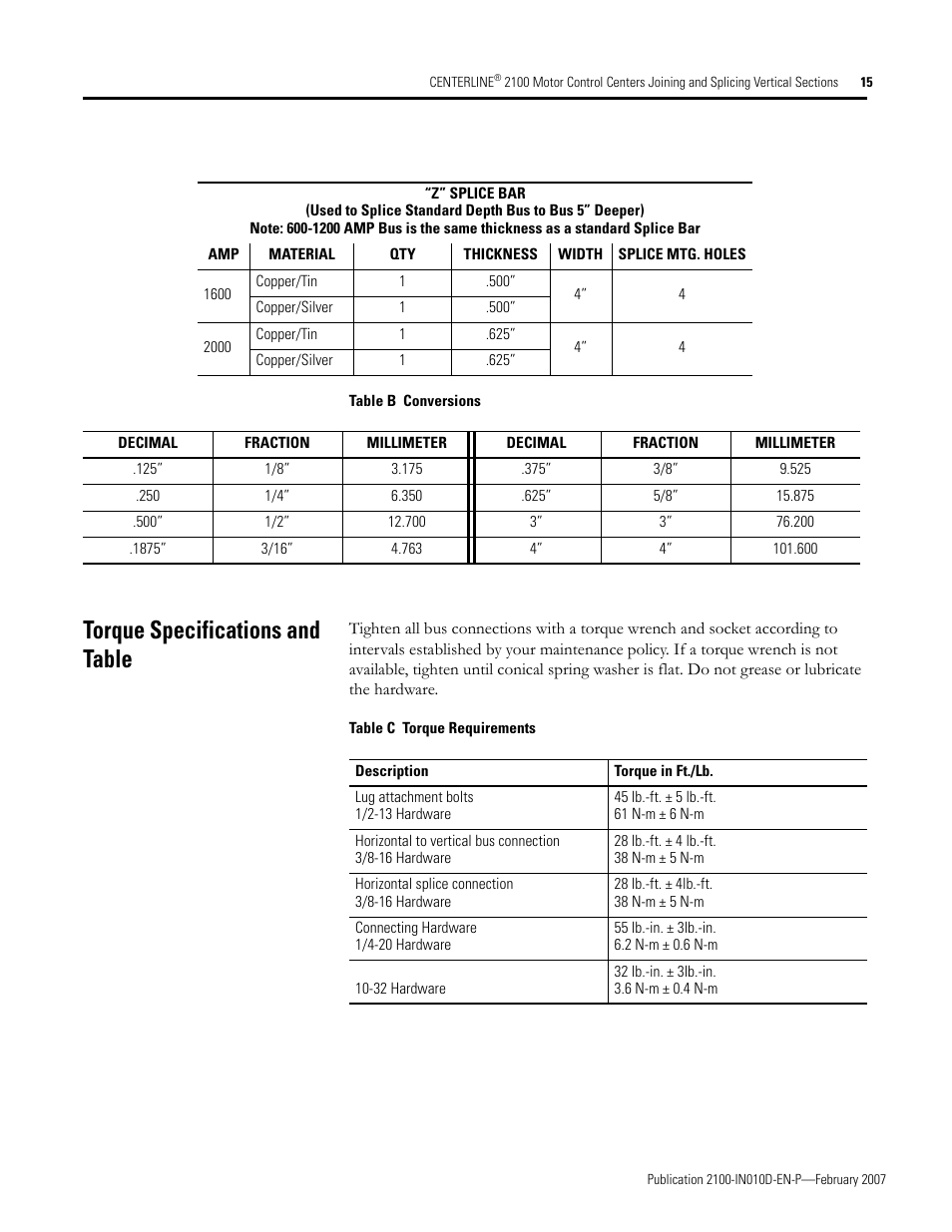 Torque specifications and table, E torque requirements on, Torque specifications and | Table | Rockwell Automation 2100 CENTERLINE MCC Joining Splicing Vertical Sections User Manual | Page 15 / 16