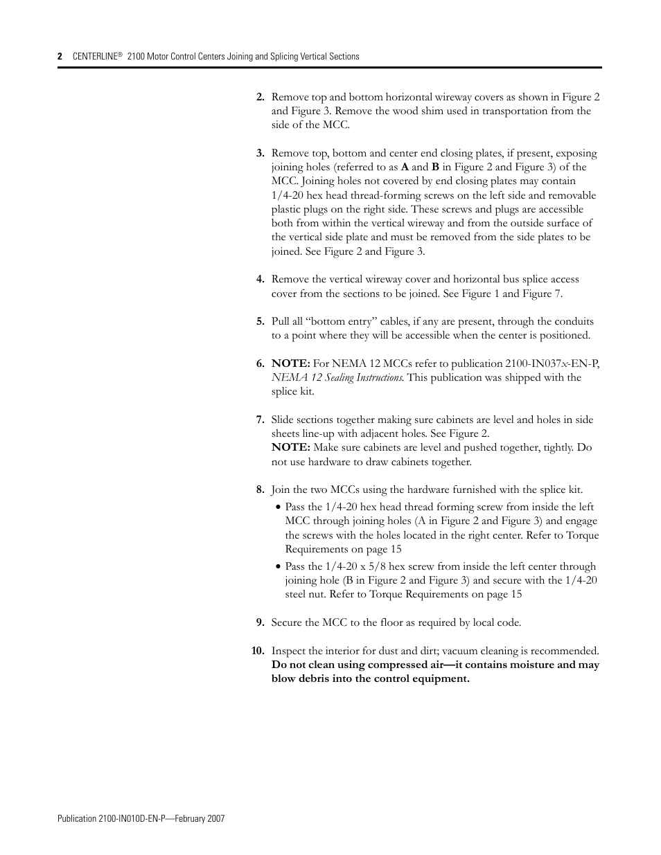 Rockwell Automation 2100 CENTERLINE MCC Joining Splicing Vertical Sections User Manual | Page 2 / 16