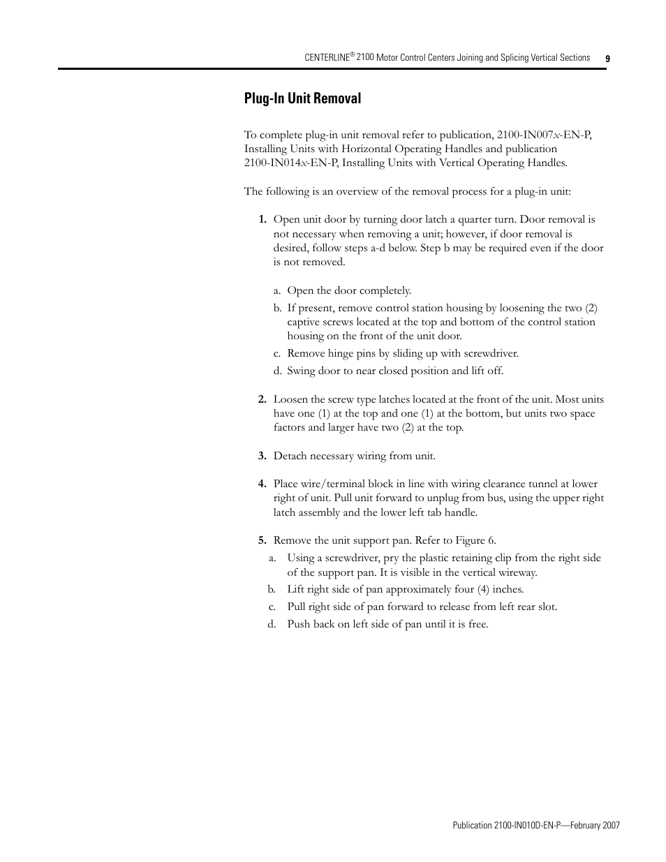 Plug-in unit removal | Rockwell Automation 2100 CENTERLINE MCC Joining Splicing Vertical Sections User Manual | Page 9 / 16