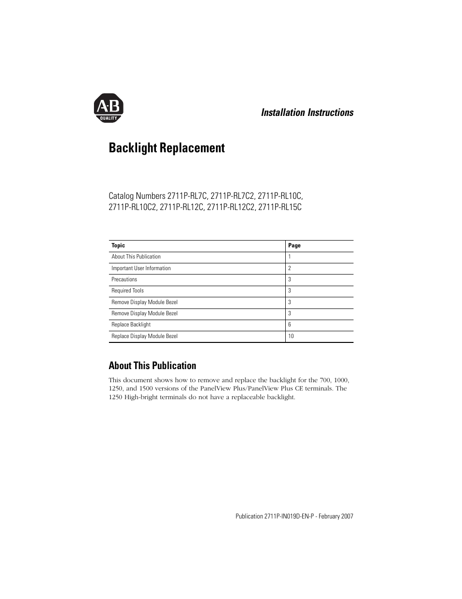 Rockwell Automation 2711P-RLxxx Backlight Replacement for PVPlus and PVPlus CE Terminals User Manual | 12 pages