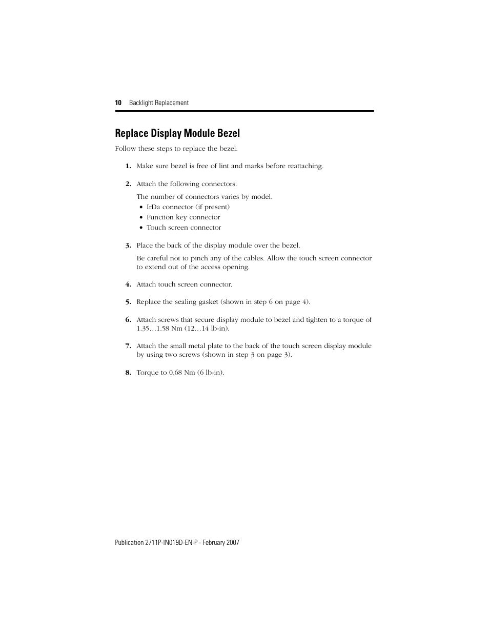 Replace display module bezel | Rockwell Automation 2711P-RLxxx Backlight Replacement for PVPlus and PVPlus CE Terminals User Manual | Page 10 / 12