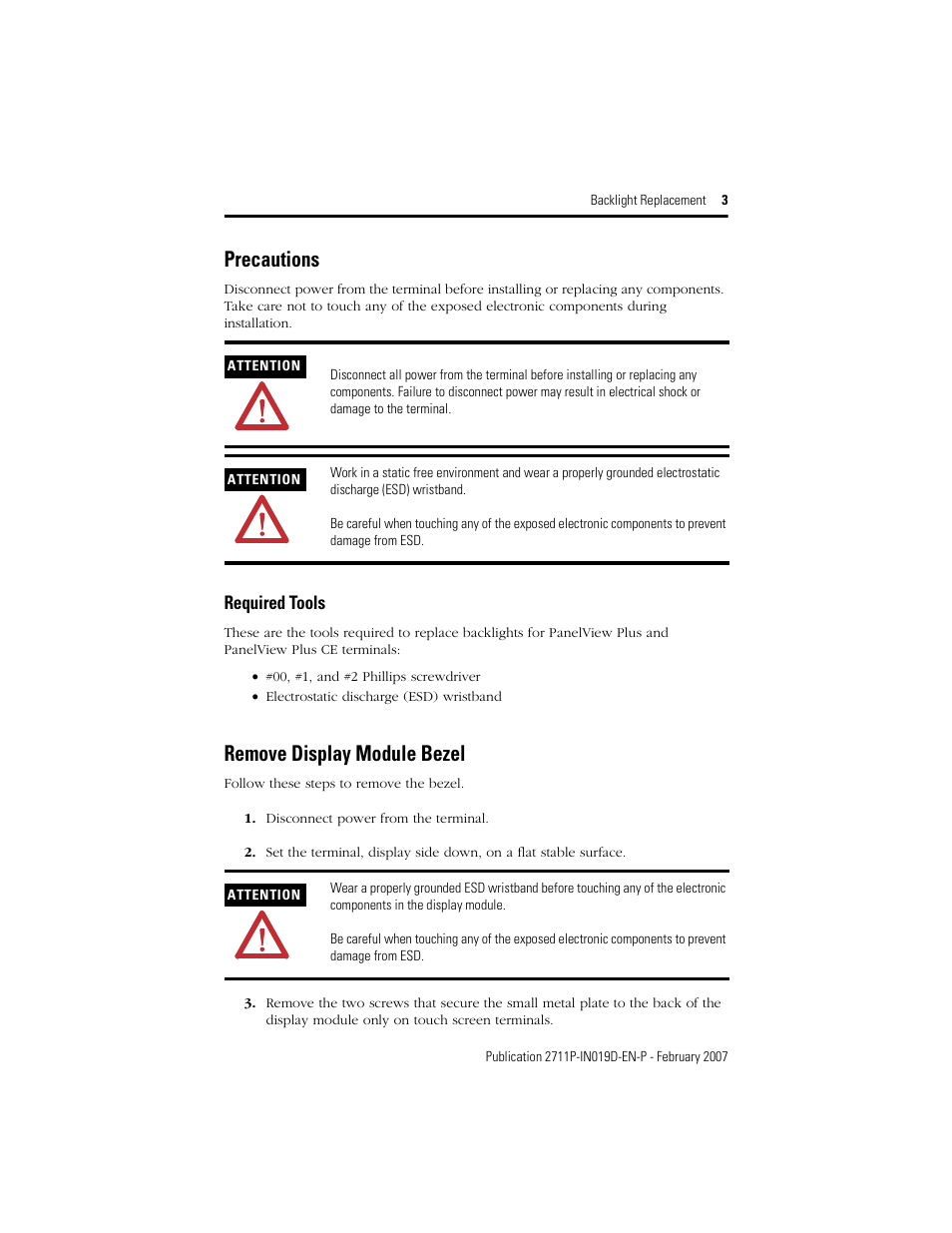 Precautions, Remove display module bezel, Required tools | Rockwell Automation 2711P-RLxxx Backlight Replacement for PVPlus and PVPlus CE Terminals User Manual | Page 3 / 12