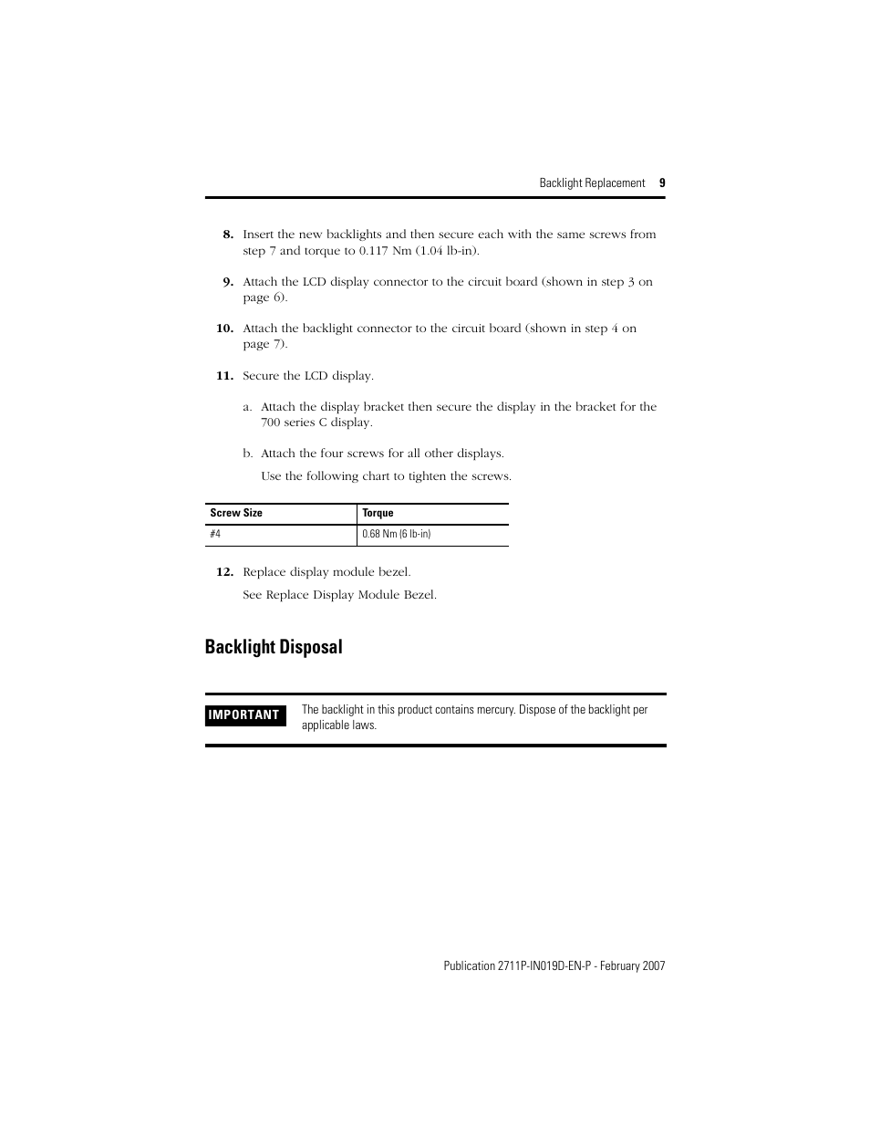 Backlight disposal | Rockwell Automation 2711P-RLxxx Backlight Replacement for PVPlus and PVPlus CE Terminals User Manual | Page 9 / 12