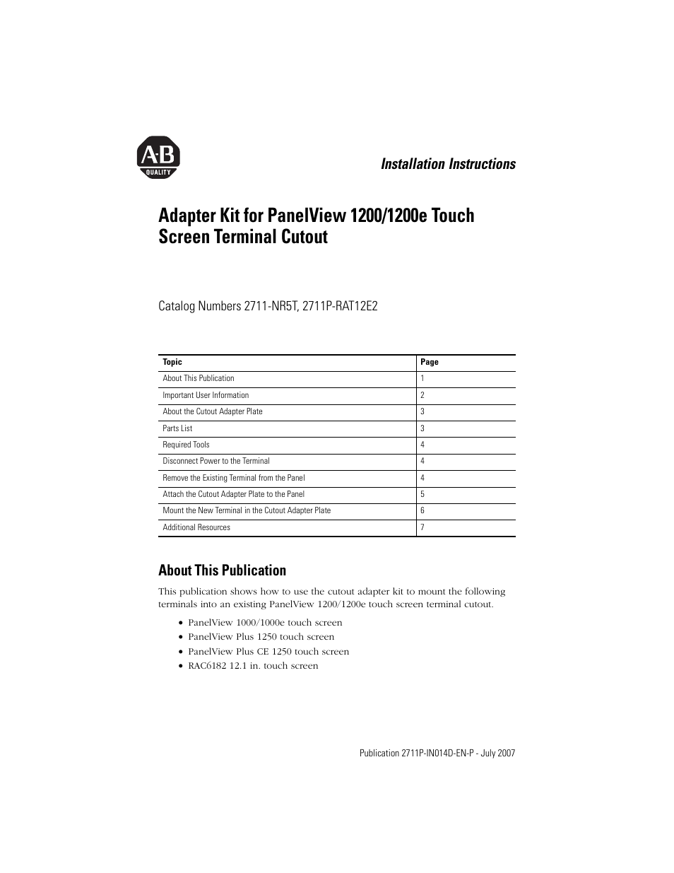 Rockwell Automation 2711P-RAT12E2 Adapter Kit for PanelView 1200/1200E Touch Screen Terminal Cutout User Manual | 8 pages