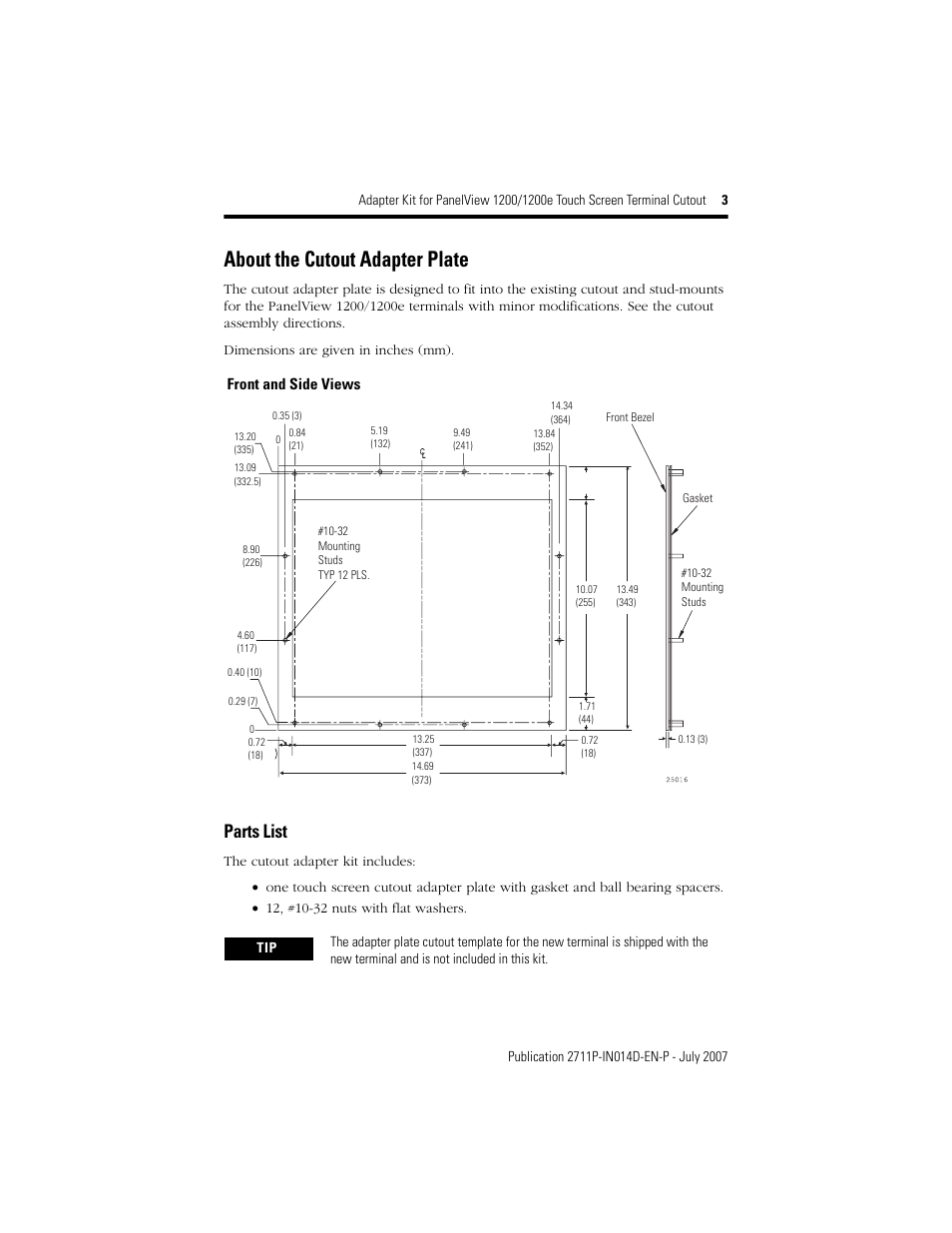 About the cutout adapter plate, Parts list | Rockwell Automation 2711P-RAT12E2 Adapter Kit for PanelView 1200/1200E Touch Screen Terminal Cutout User Manual | Page 3 / 8