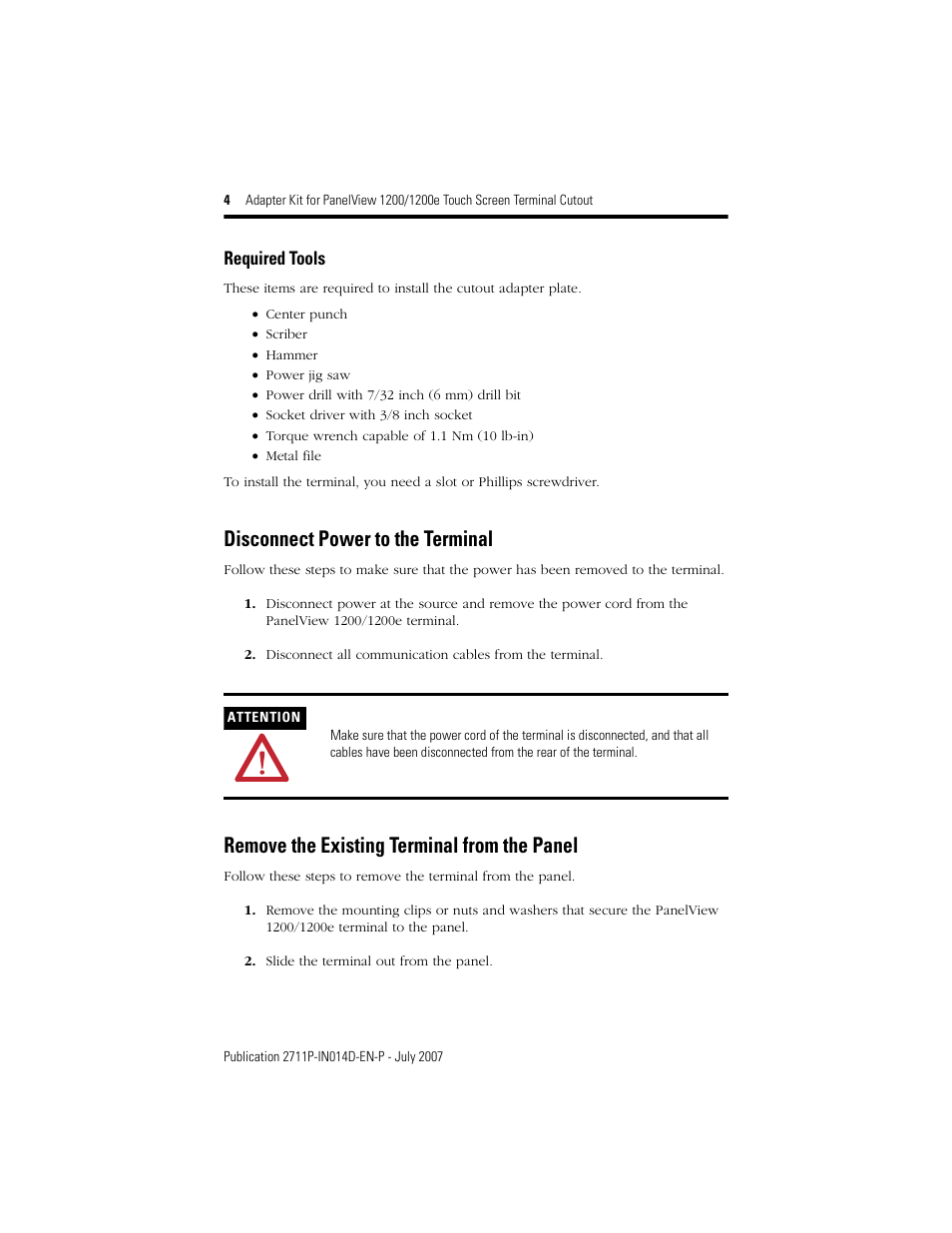 Required tools, Disconnect power to the terminal, Remove the existing terminal from the panel | Rockwell Automation 2711P-RAT12E2 Adapter Kit for PanelView 1200/1200E Touch Screen Terminal Cutout User Manual | Page 4 / 8