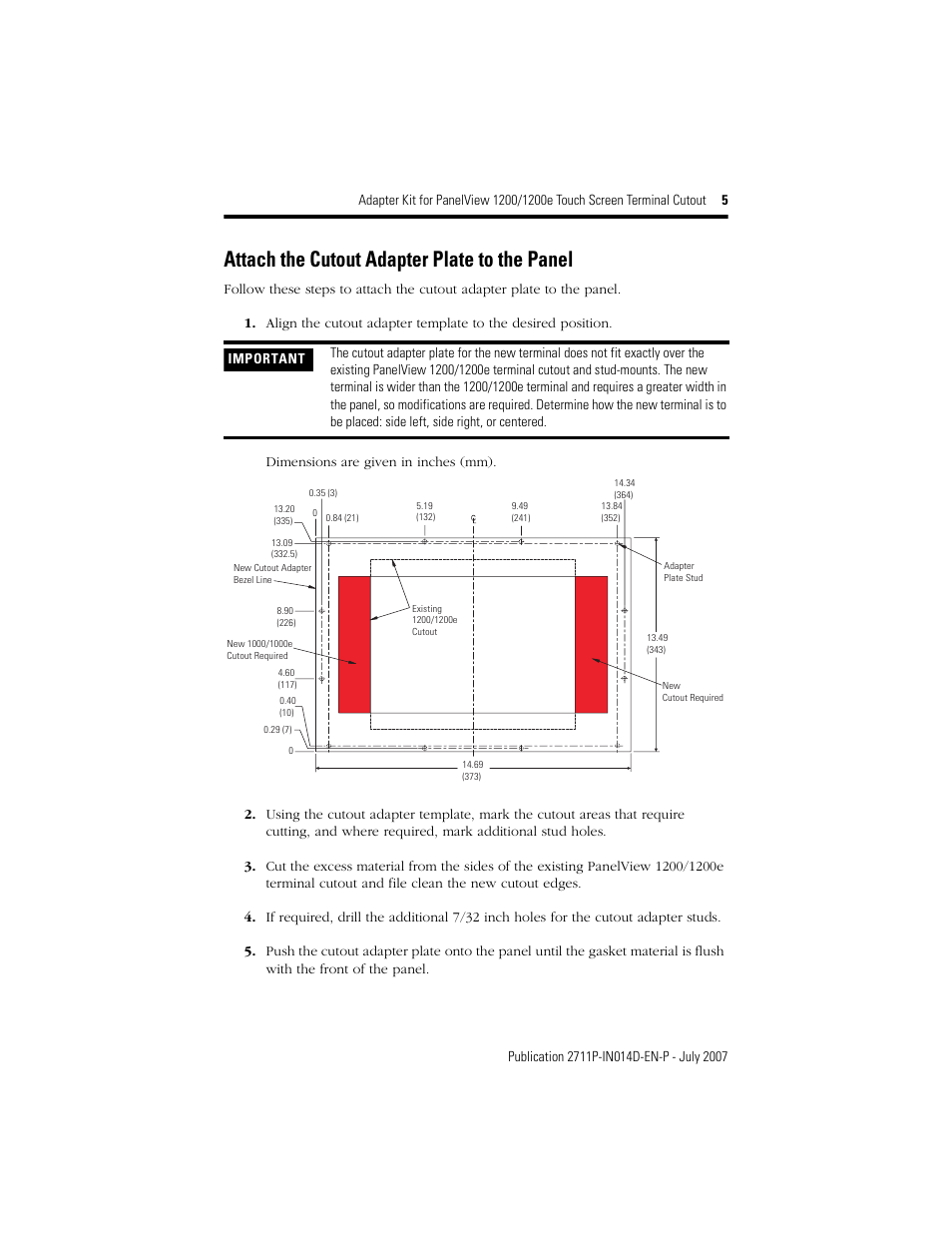 Attach the cutout adapter plate to the panel | Rockwell Automation 2711P-RAT12E2 Adapter Kit for PanelView 1200/1200E Touch Screen Terminal Cutout User Manual | Page 5 / 8