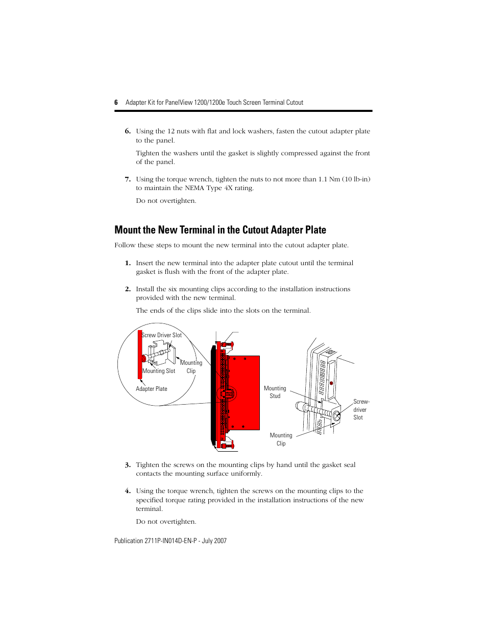 Mount the new terminal in the cutout adapter plate | Rockwell Automation 2711P-RAT12E2 Adapter Kit for PanelView 1200/1200E Touch Screen Terminal Cutout User Manual | Page 6 / 8