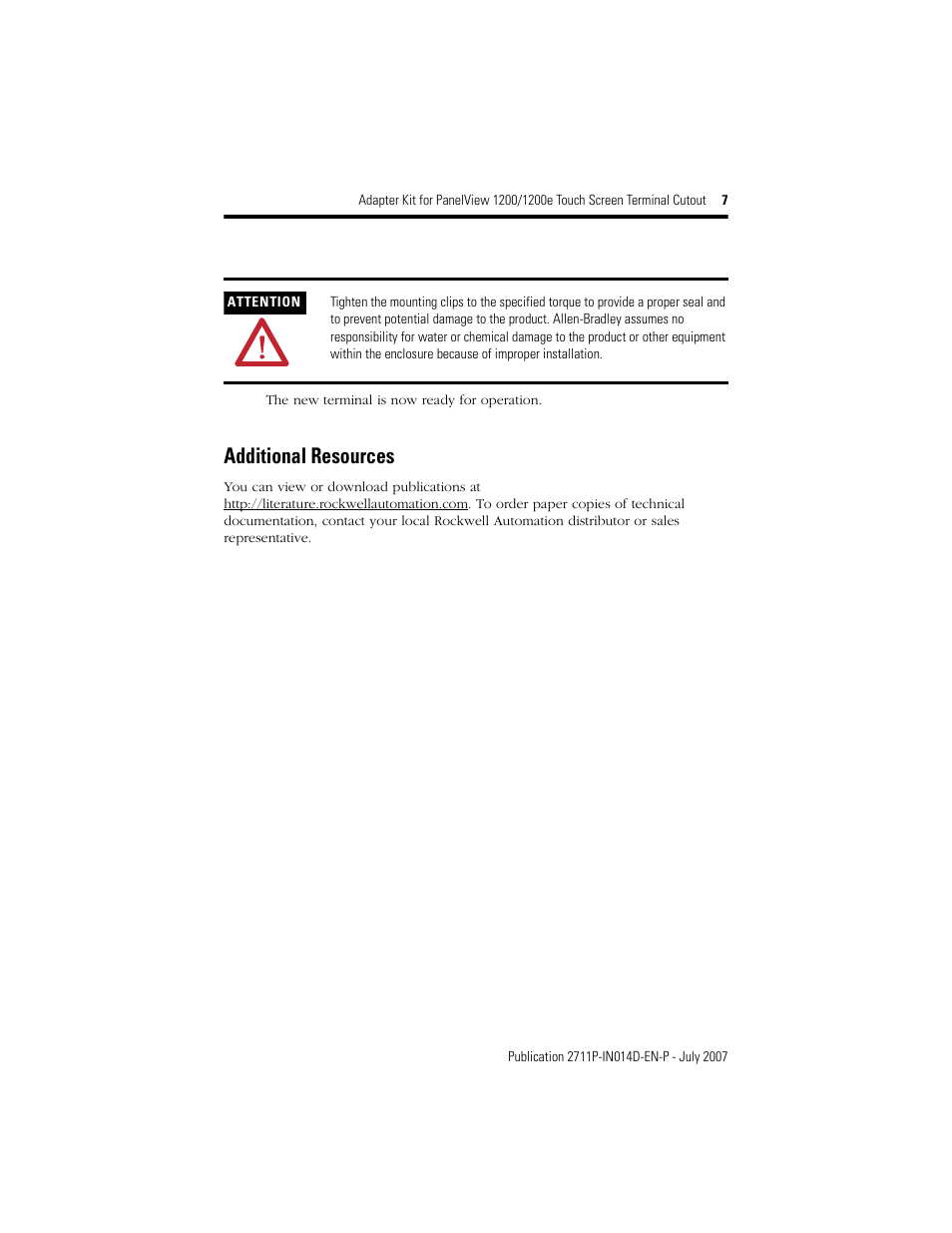 Additional resources | Rockwell Automation 2711P-RAT12E2 Adapter Kit for PanelView 1200/1200E Touch Screen Terminal Cutout User Manual | Page 7 / 8