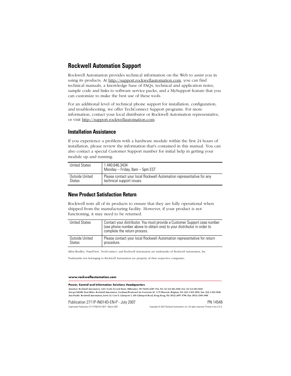 Back cover, Rockwell automation support, Installation assistance | New product satisfaction return | Rockwell Automation 2711P-RAT12E2 Adapter Kit for PanelView 1200/1200E Touch Screen Terminal Cutout User Manual | Page 8 / 8