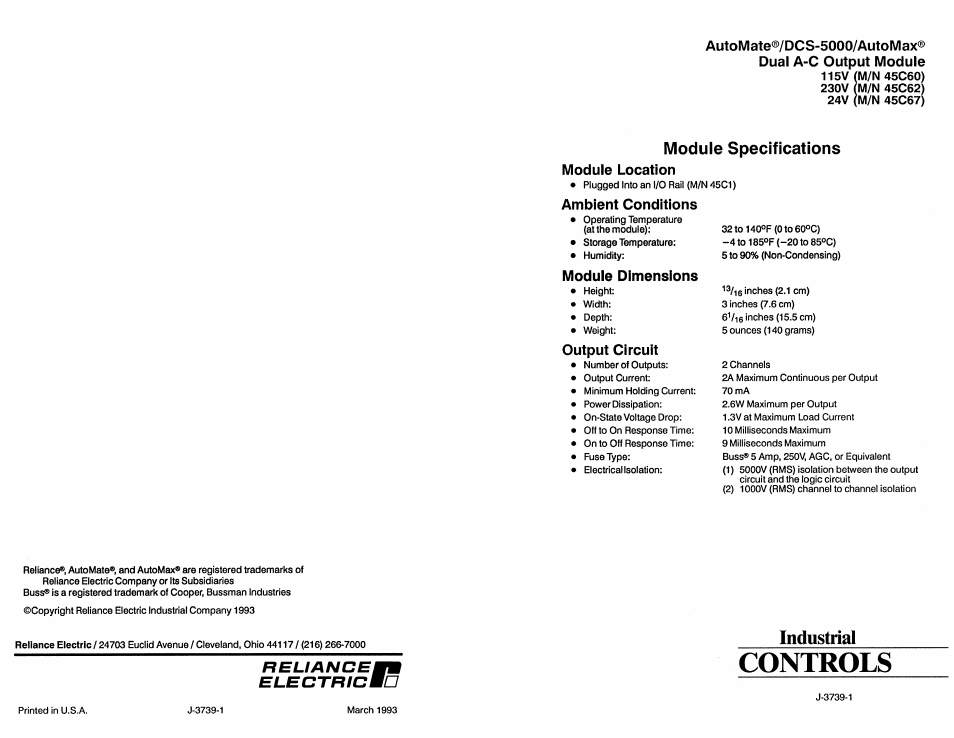 Rockwell Automation 45C67 Dual Output Module/AutoMate/AutoMax/DCS User Manual | 4 pages