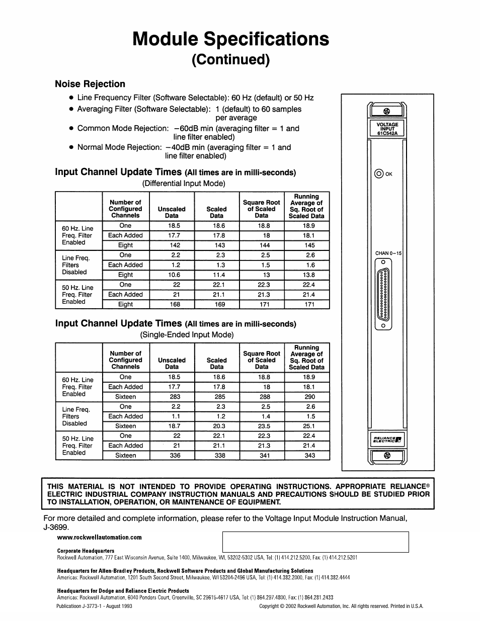 Noise rejection, Input channel update times, Back cover | Rockwell Automation 61C542 Voltage Input module User Manual | Page 2 / 2