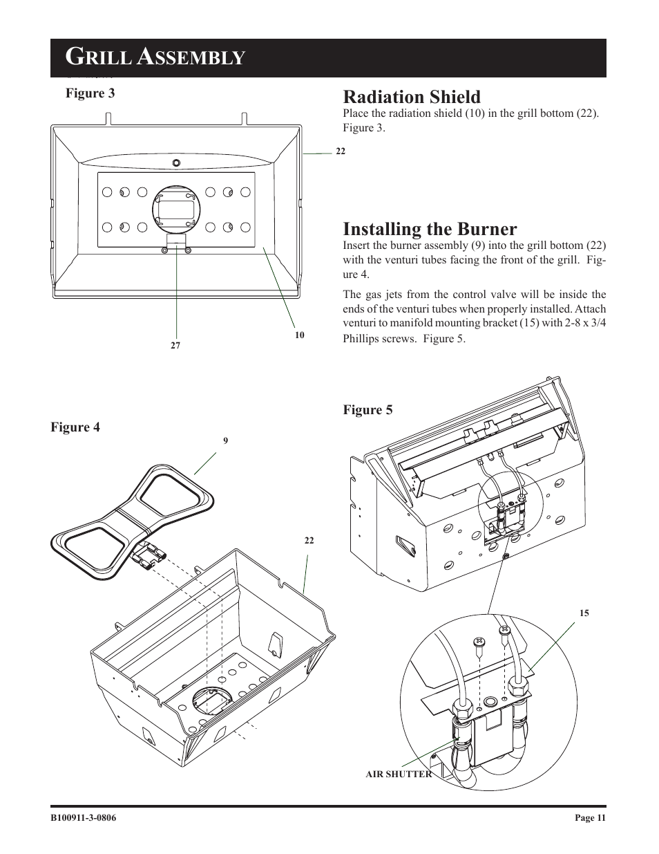 Rill, Ssembly radiation shield, Installing the burner | Broilmaster P3-1 User Manual | Page 11 / 28