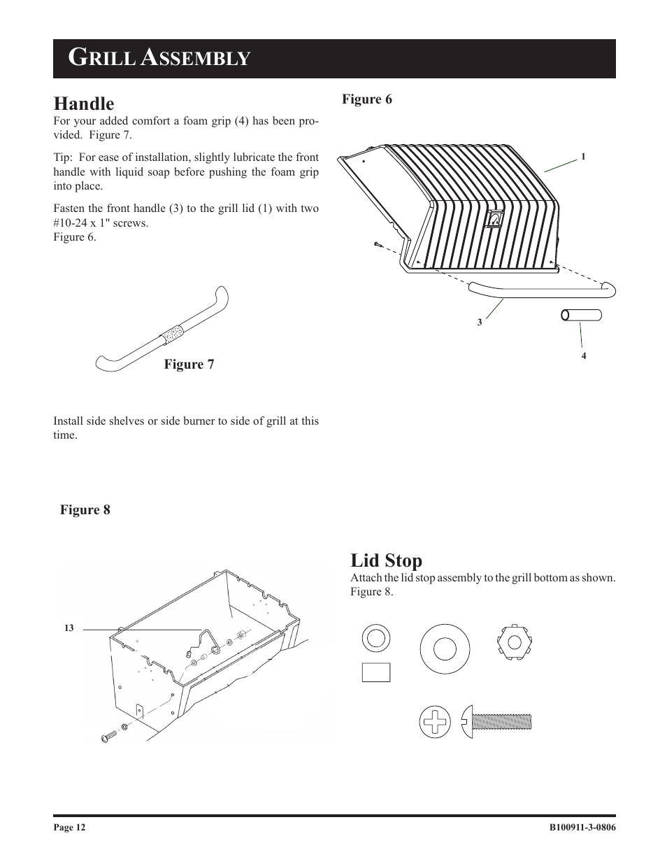 Rill, Ssembly handle, Lid stop | Broilmaster P3-1 User Manual | Page 12 / 28