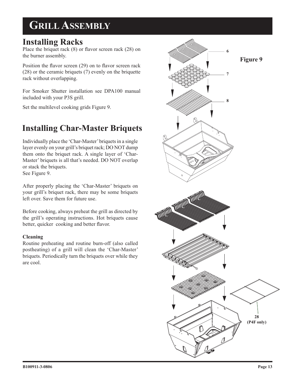 Rill, Ssembly installing racks, Installing char-master briquets | Broilmaster P3-1 User Manual | Page 13 / 28
