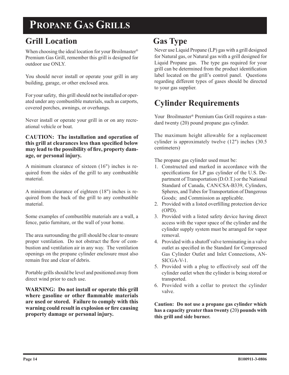 Cylinder requirements, Gas type, Ropane | Rills grill location | Broilmaster P3-1 User Manual | Page 14 / 28