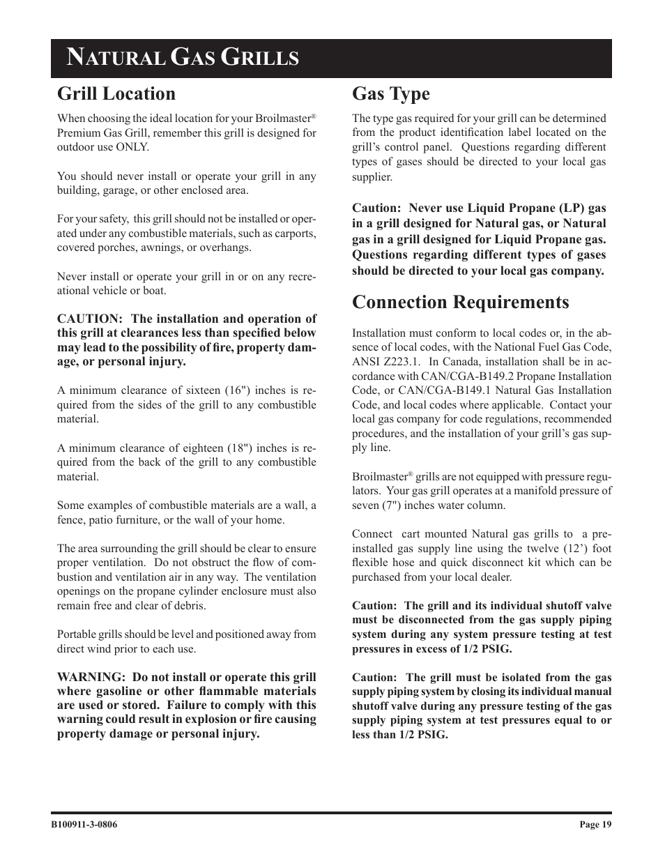 Gas type, Connection requirements, Atural | Rills grill location | Broilmaster P3-1 User Manual | Page 19 / 28