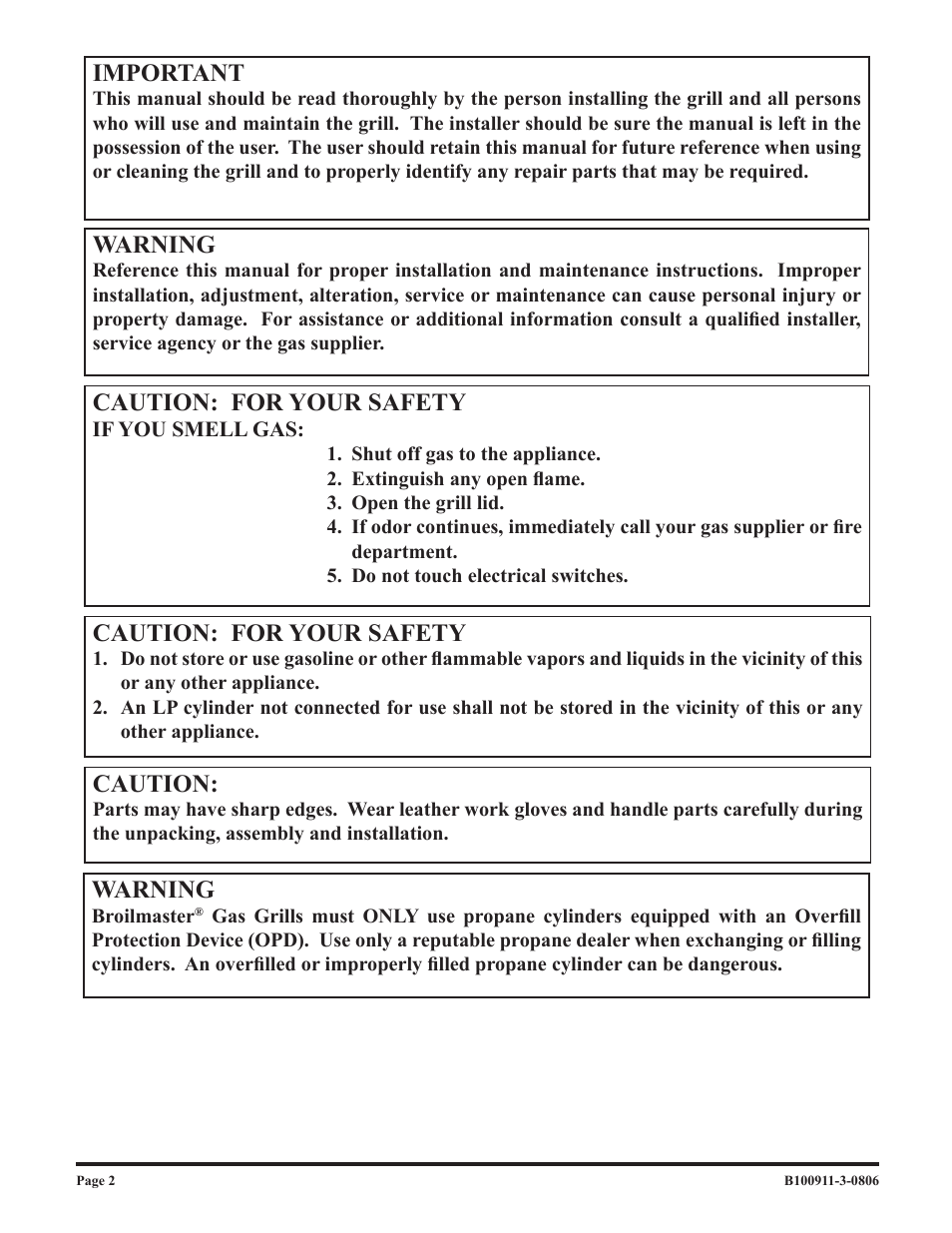 Warning, Caution: for your safety, Caution | Important | Broilmaster P3-1 User Manual | Page 2 / 28