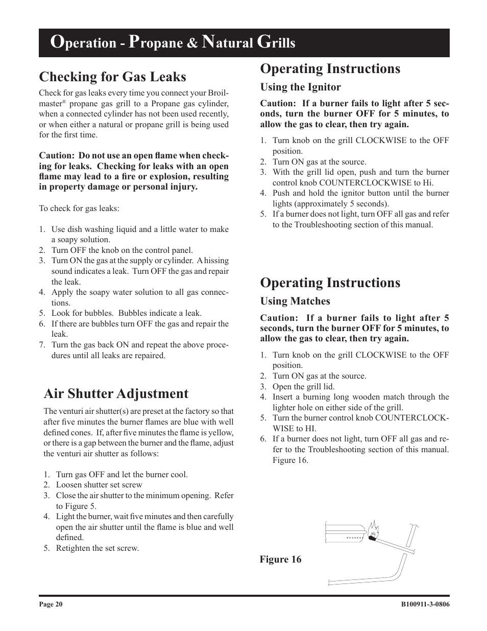 Checking for gas leaks, Operating instructions, Air shutter adjustment | Peration, Ropane, Atural, Rills operating instructions | Broilmaster P3-1 User Manual | Page 20 / 28