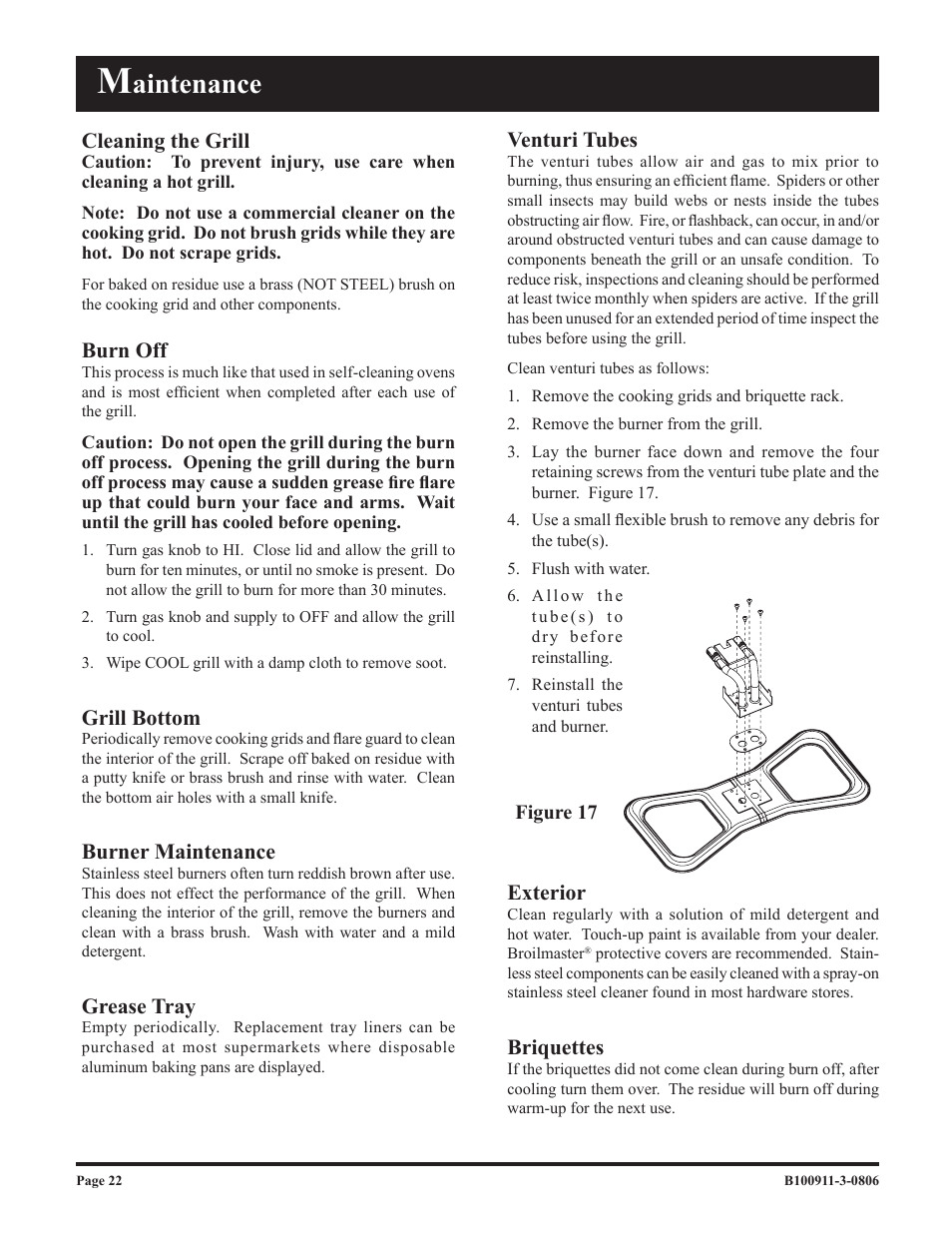 Aintenance, Cleaning the grill, Burn off | Grill bottom, Burner maintenance, Grease tray, Venturi tubes, Exterior, Briquettes | Broilmaster P3-1 User Manual | Page 22 / 28