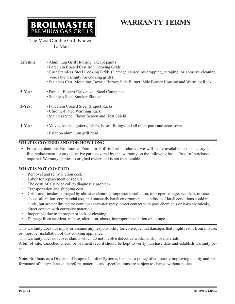 Warranty terms | Broilmaster P3-1 User Manual | Page 24 / 28