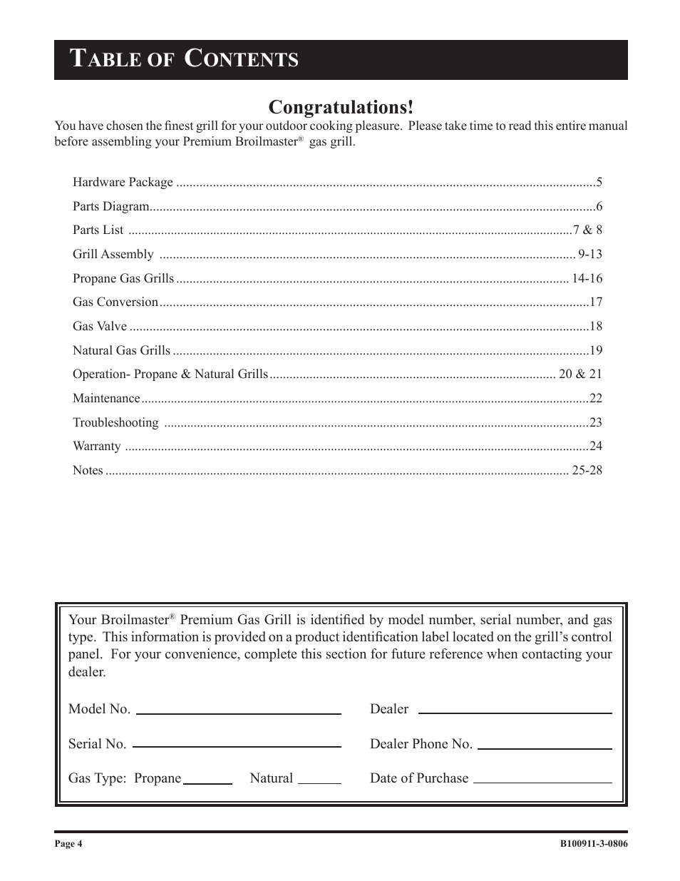 Able of, Ontents | Broilmaster P3-1 User Manual | Page 4 / 28