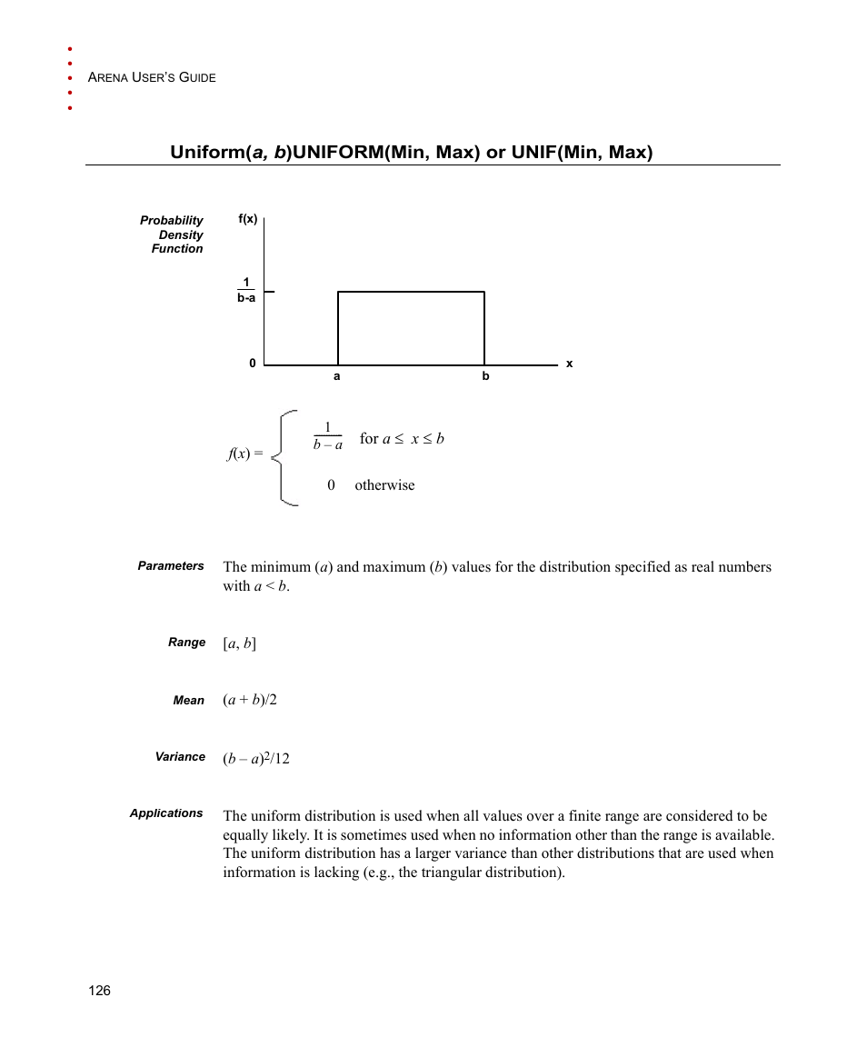 Uniform(a, b) uniform(min, max) or unif(min, max), Uniform( a, b )uniform(min, max) or unif(min, max) | Rockwell Automation Arena Users Guide User Manual | Page 134 / 152