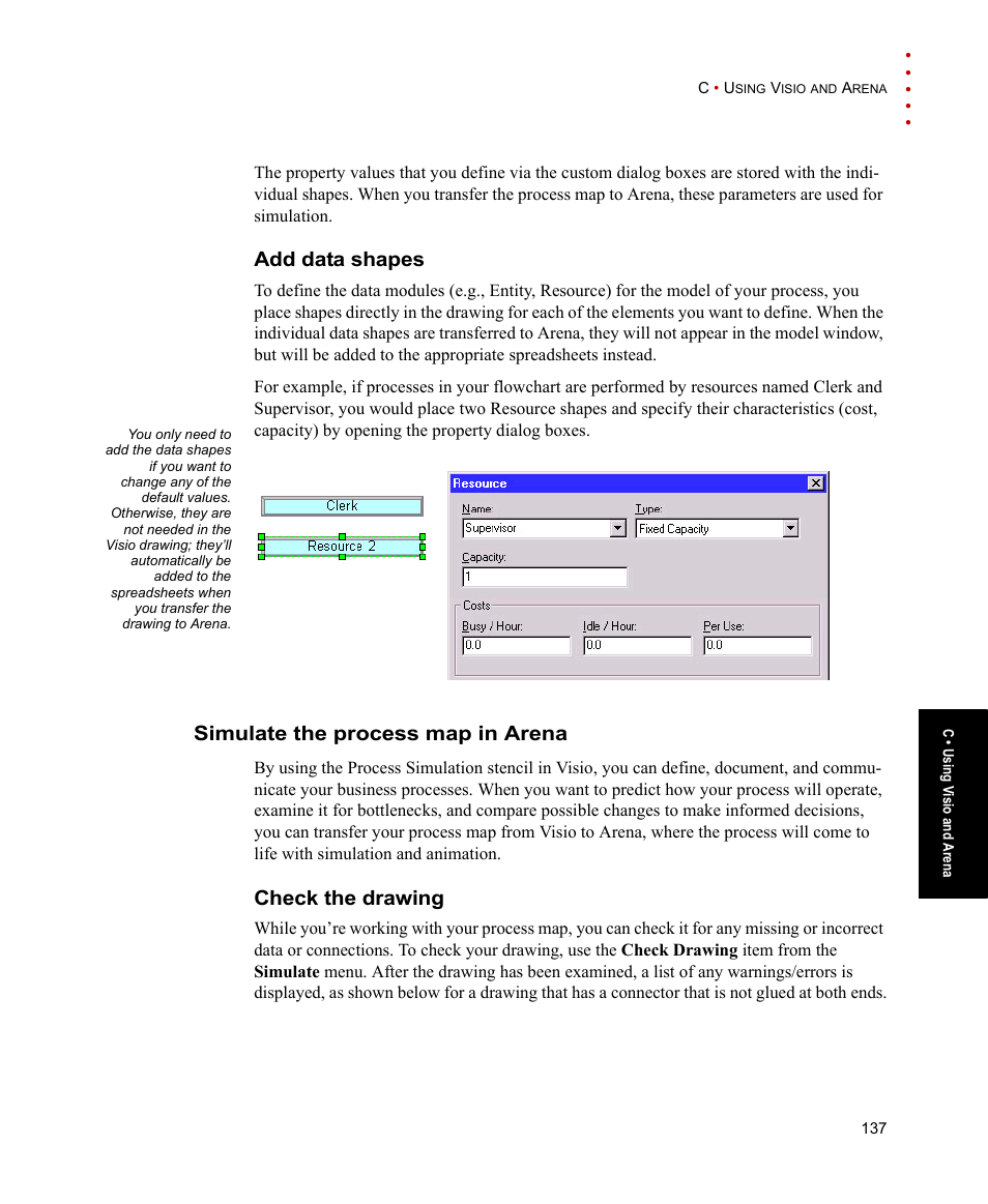 Add data shapes, Simulate the process map in arena, Check the drawing | Rockwell Automation Arena Users Guide User Manual | Page 145 / 152