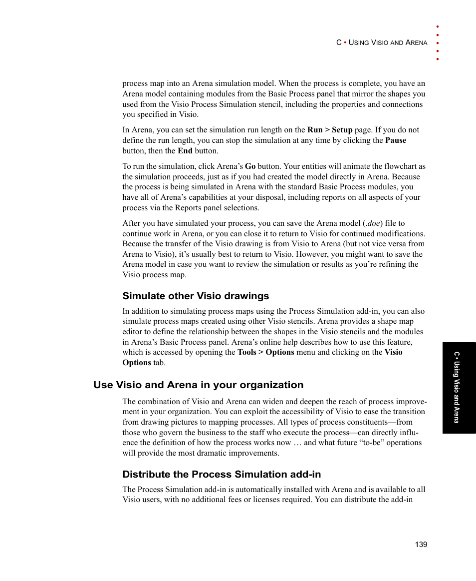 Simulate other visio drawings, Use visio and arena in your organization, Distribute the process simulation add-in | Rockwell Automation Arena Users Guide User Manual | Page 147 / 152