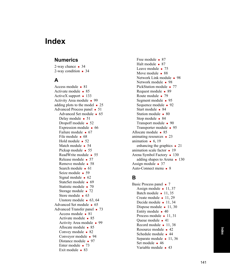 Index, Numerics | Rockwell Automation Arena Users Guide User Manual | Page 149 / 152