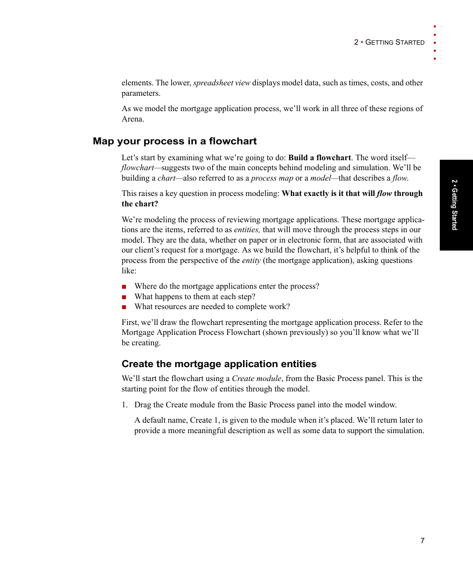 Map your process in a flowchart, Create the mortgage application entities | Rockwell Automation Arena Users Guide User Manual | Page 15 / 152