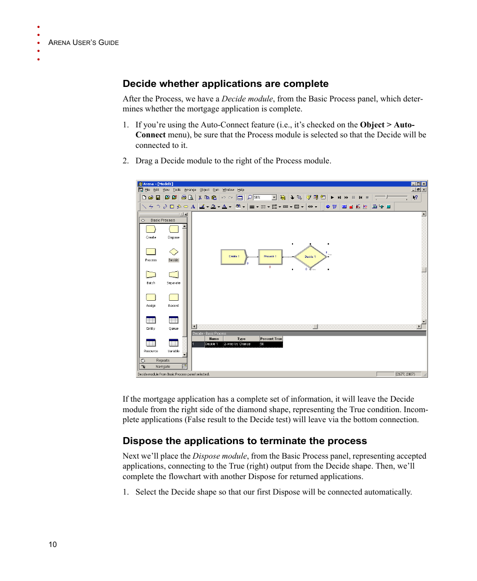 Decide whether applications are complete, Dispose the applications to terminate the process | Rockwell Automation Arena Users Guide User Manual | Page 18 / 152