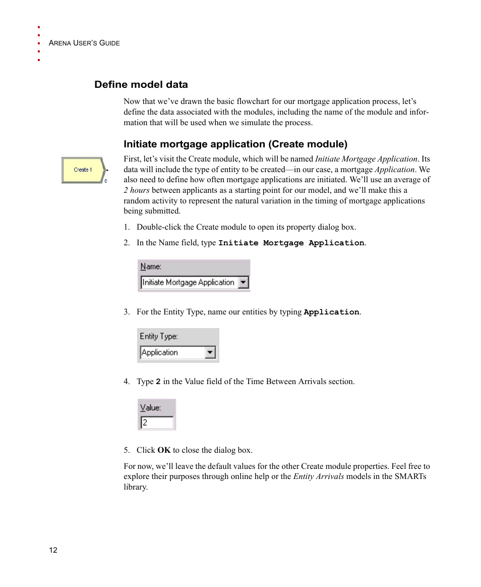 Define model data, Initiate mortgage application (create module) | Rockwell Automation Arena Users Guide User Manual | Page 20 / 152