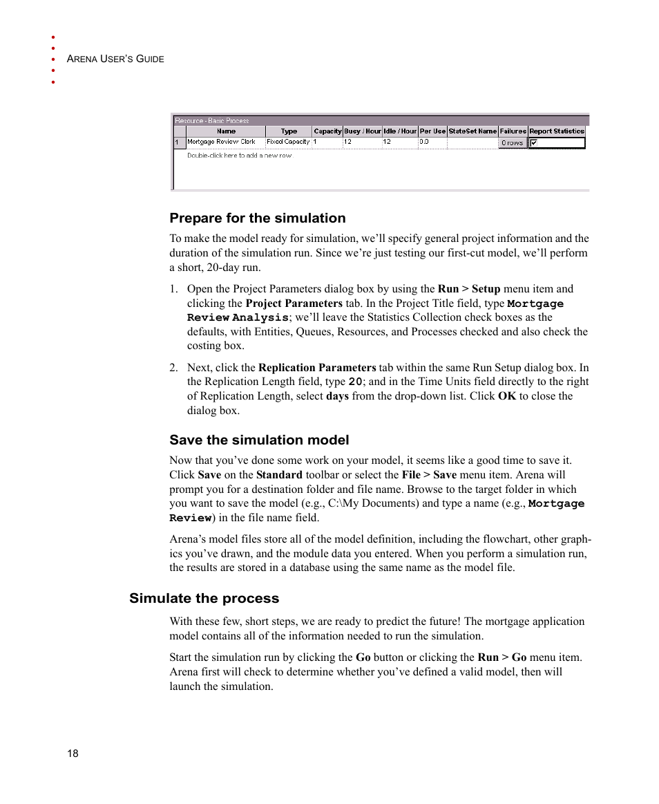 Prepare for the simulation, Save the simulation model, Simulate the process | Rockwell Automation Arena Users Guide User Manual | Page 26 / 152