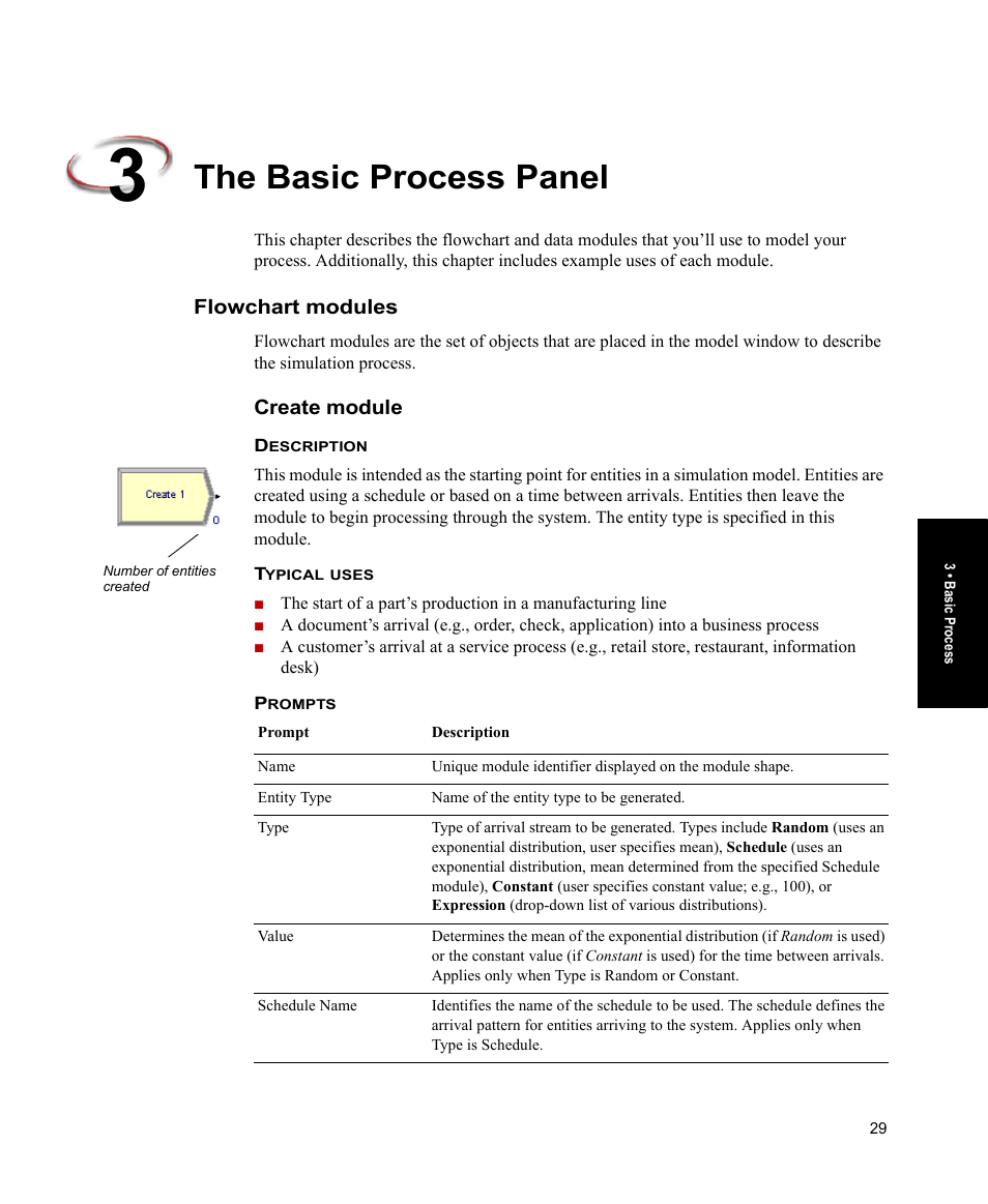 The basic process panel, Flowchart modules, Create module | Rockwell Automation Arena Users Guide User Manual | Page 37 / 152
