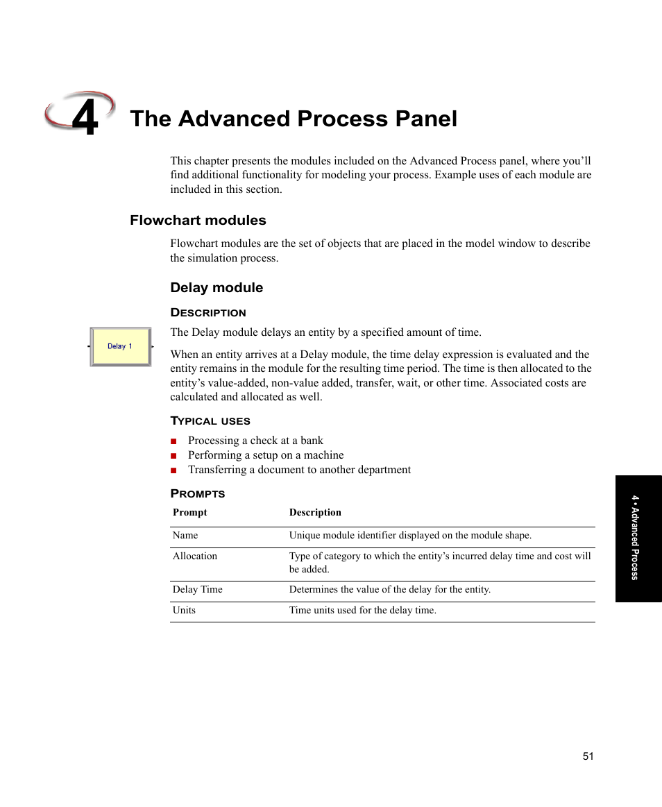 The advanced process panel, Flowchart modules, Delay module | Rockwell Automation Arena Users Guide User Manual | Page 59 / 152