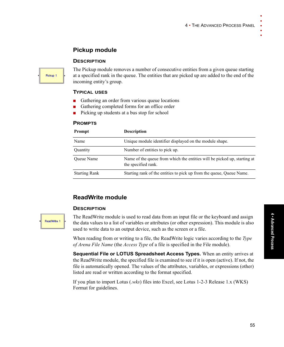 Pickup module, Readwrite module, Pickup module readwrite module | Rockwell Automation Arena Users Guide User Manual | Page 63 / 152