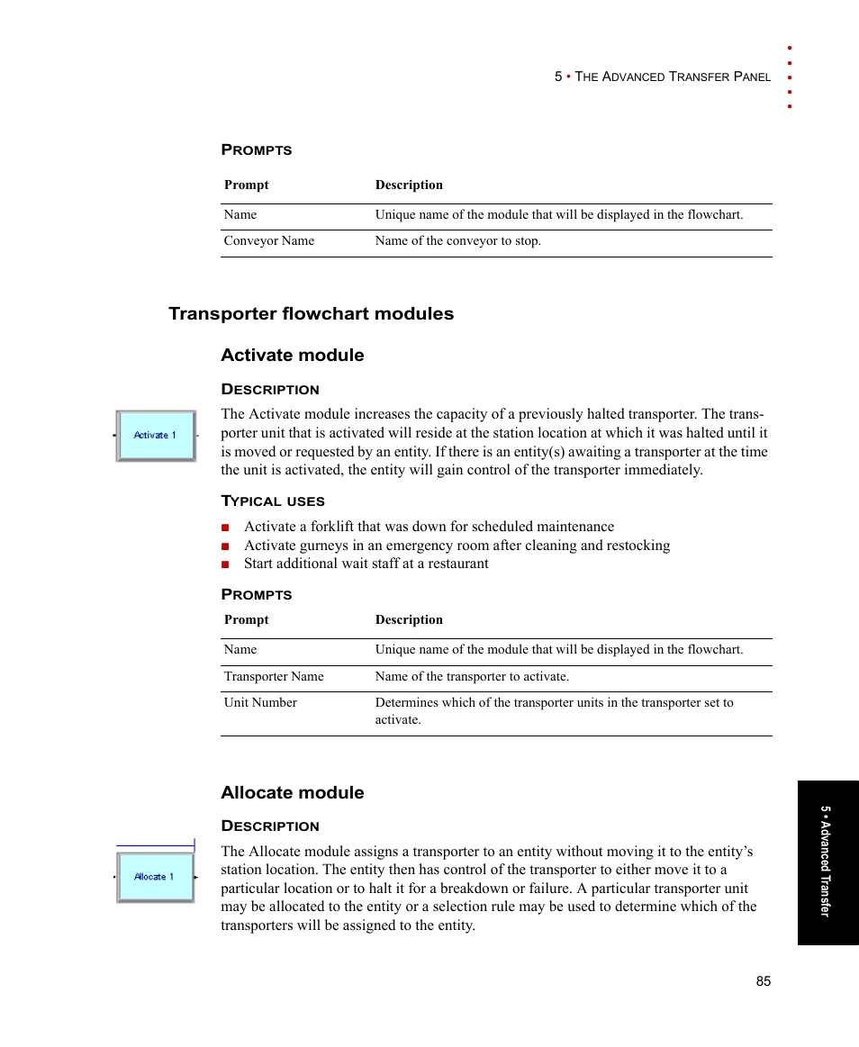 Transporter flowchart modules, Activate module, Allocate module | Activate module allocate module, Transporter flowchart modules activate module | Rockwell Automation Arena Users Guide User Manual | Page 93 / 152