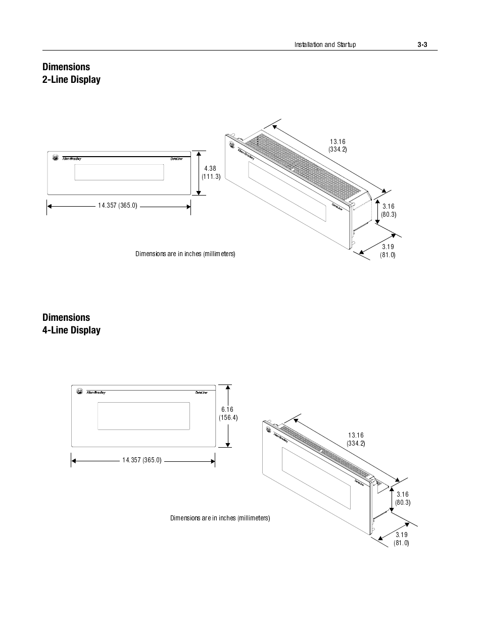 Dimensions 2-line display, Dimensions 4-line display, Dimensions, 2-line display -3 | Dimensions, 4-line display -3 | Rockwell Automation 2706-LV2S_LV4S DL40 PLUS SLAVE USER MANUAL User Manual | Page 20 / 60