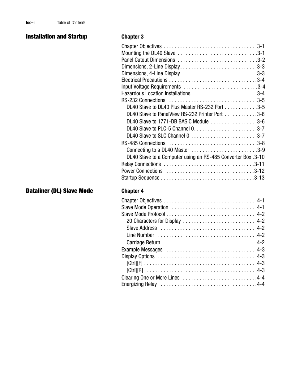 Installation and startup, Dataliner (dl) slave mode | Rockwell Automation 2706-LV2S_LV4S DL40 PLUS SLAVE USER MANUAL User Manual | Page 5 / 60