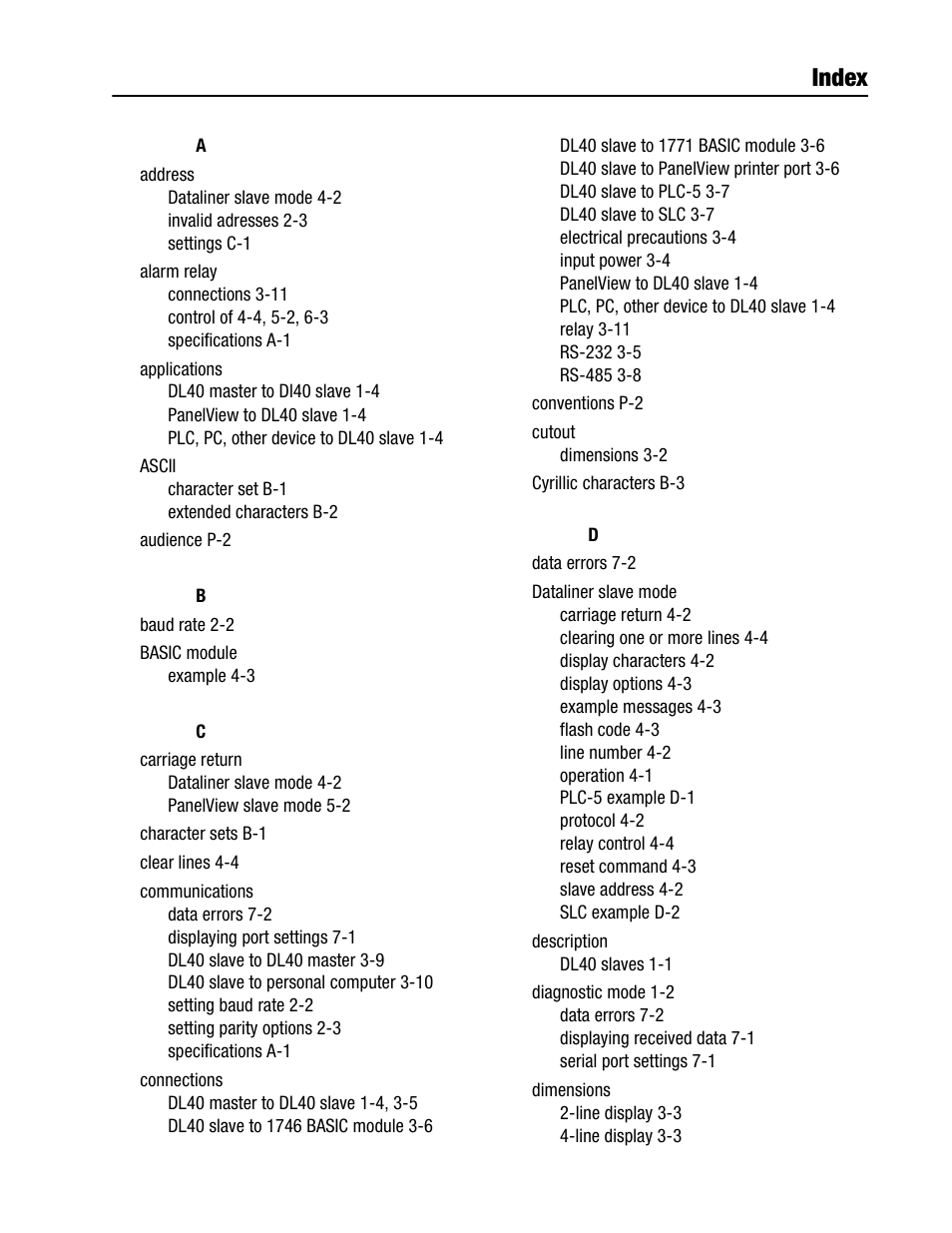 Index | Rockwell Automation 2706-LV2S_LV4S DL40 PLUS SLAVE USER MANUAL User Manual | Page 56 / 60