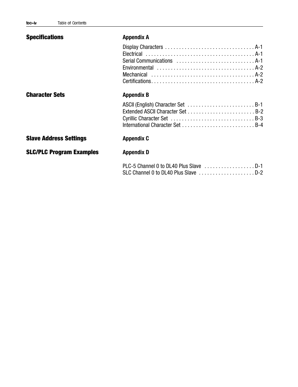 Specifications, Character sets, Slave address settings | Slc/plc program examples | Rockwell Automation 2706-LV2S_LV4S DL40 PLUS SLAVE USER MANUAL User Manual | Page 7 / 60