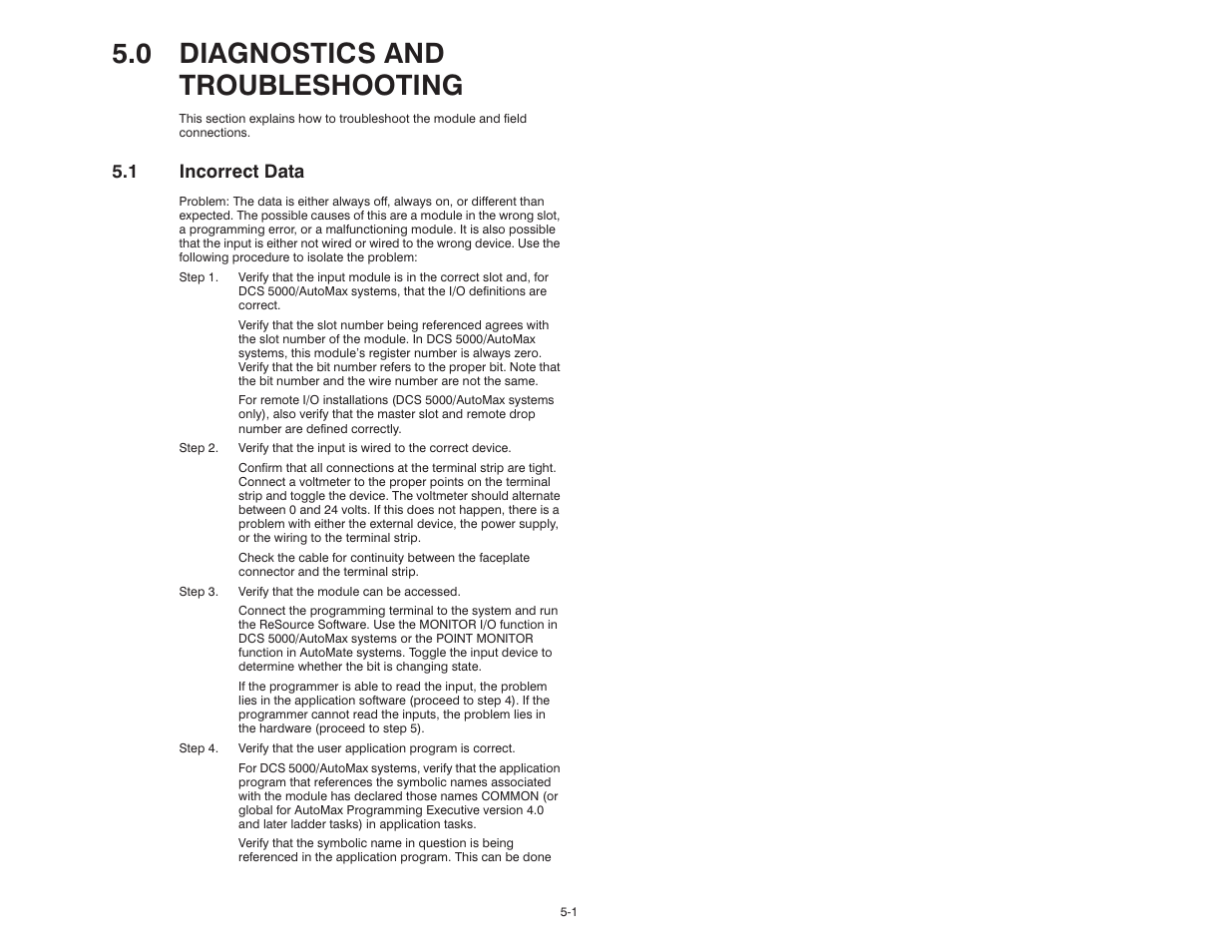 0 diagnostics and troubleshooting, 1 incorrect data | Rockwell Automation 61C516 AutoMax/AutoMate 24VAC/DC Input Module User Manual | Page 19 / 38