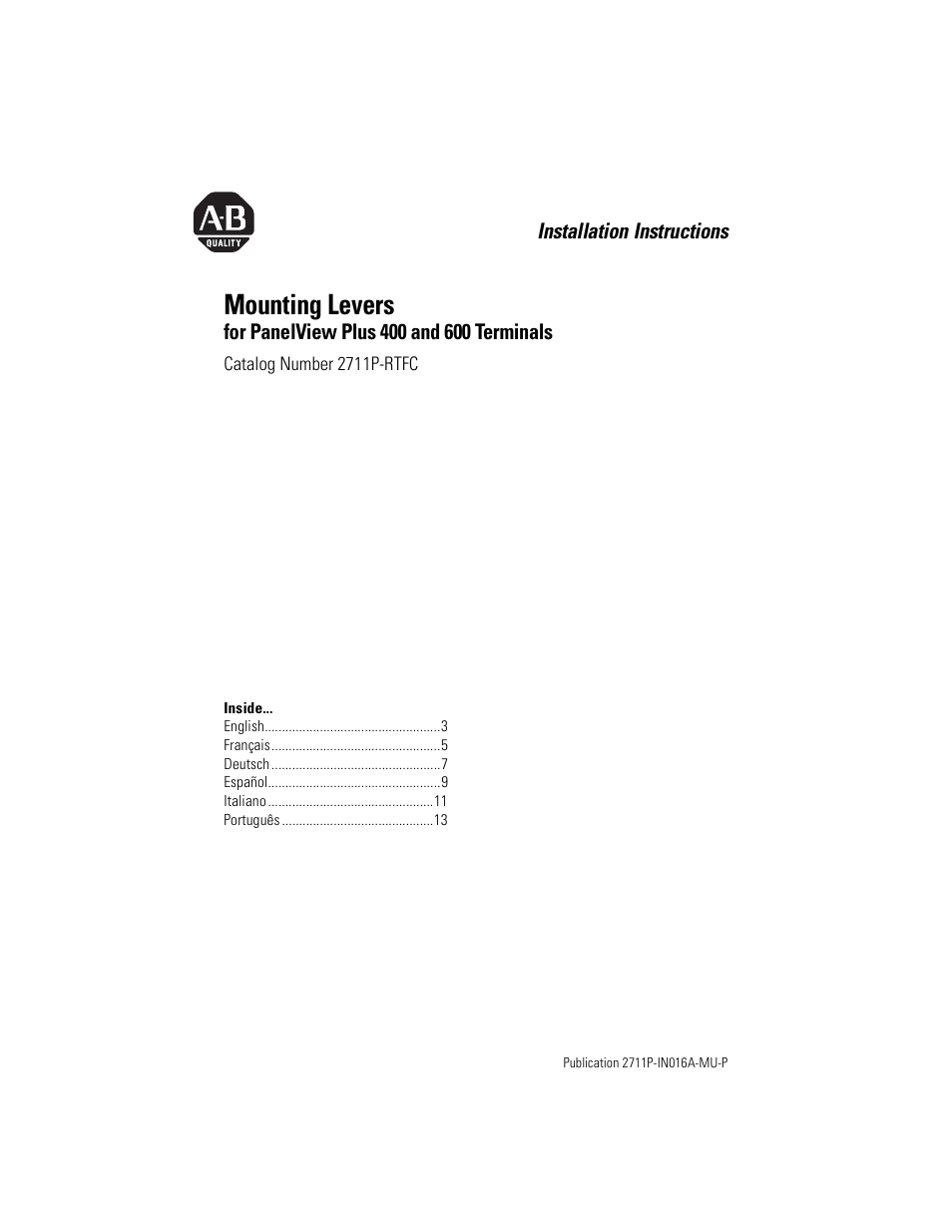 Rockwell Automation 2711P-RTFC Mounting Levers for PanelView Plus 400 and 600 Terminals User Manual | 16 pages